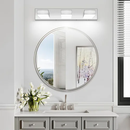 Vista 6 de Lámparas LED modernas para tocador de baño (3 luces, 24 pulgadas) (5CCT, regulable), accesorios de iluminación de pared de baño modernos cromados