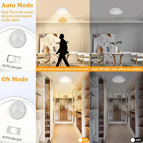 Vista 2 de Paquete de 2 luces de techo LED con sensor de movimiento operadas por batería para interiores, lámpara de montaje empotrado inalámbrica regulable