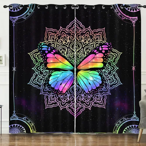 Vista 19 de HOSIMA Cortinas mágicas de hongos 2 paneles, cortinas de mariposa floral con mandala para sala de estar, decoración de habitación de moda para niñas