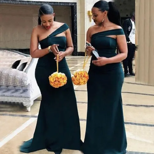 Vista 3 de Vestido de dama de honor de sirena con un hombro descubierto, vestido de satén para graduación, vestido de novia formal para mujer