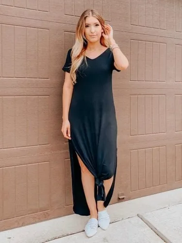 Vista 4 de GRECERELLE - Vestido largo para mujer estilo holgado con bolsillos manga corta y abertura lateral
