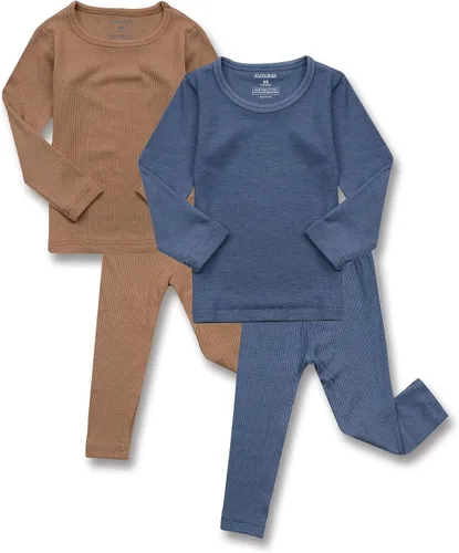 Vista 30 de AVAUMA Conjunto de pijama para bebés, niños y niñas, ajuste ceñido, con nervaduras, ropa de dormir para el estilo de vida diario Negro/Azul