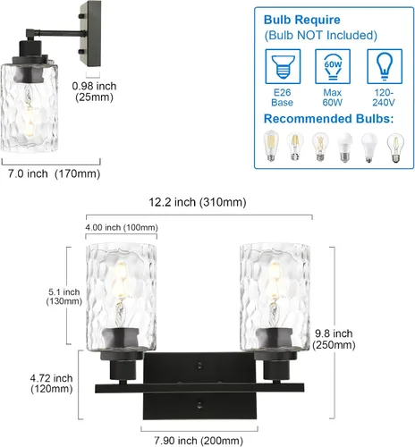 Vista 5 de MELUCEE Iluminación de pared interior 2 luces mate negra con vidrio martillado transparente, lámpara de pared moderna para tocador de baño