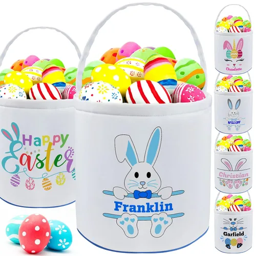 Vista 23 de Cesta de Pascua personalizada con nombre para niñas, niños y niños, cesta de Pascua personalizada bolsas de regalo para caza de huevos de Pascua