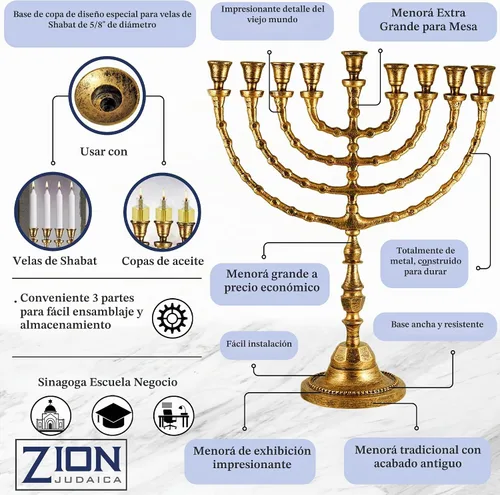 Vista 3 de Menorá tradicional extra grande de Janucá para uso con velas de Shabat o vasos de aceite, Menorá de Hanukkah de aspecto antiguo, para Shul Oro