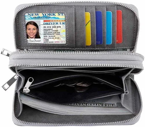 Vista 3 de Cartera de doble cierre para mujer, con correa de mano, para tarjetas, dinero en efectivo, monedas, celular