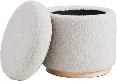 Vista 8 de Otomano Linon Home Décor con base de madera redonda y funda de sherpa color crema Lexington (AMZN2305)