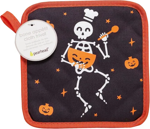 Vista 7 de Pearhead Juego de 2 soportes para ollas de chef de esqueleto de Halloween, almohadillas calientes de cocina resistentes al calor con bucles
