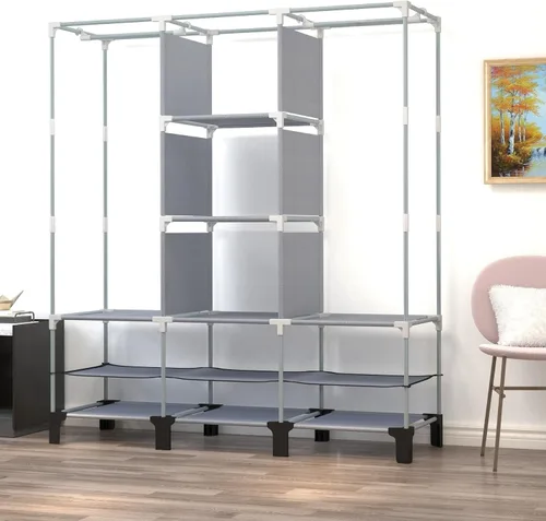 Vista 7 de Armario portátil con 10 estantes de almacenamiento y 2 postes para colgar, 18 bolsillos laterales no tejidos, tamaño 51.2 x 17.7 x 67.7 in, Beige