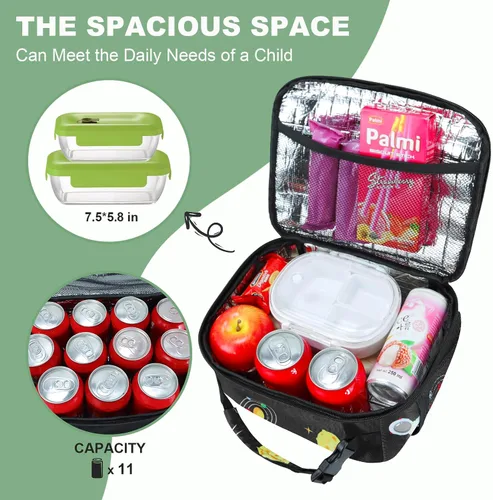Vista 3 de Lonchera para niños y niñas, bolsa de almuerzo aislada y duradera, lonchera para niños con astronauta para la escuela