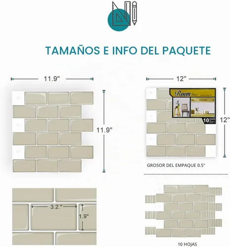 Vista 4 de 10 hojas adhesivas para baldosas, pegar y despegar para salpicaduras 12"x12" Beige