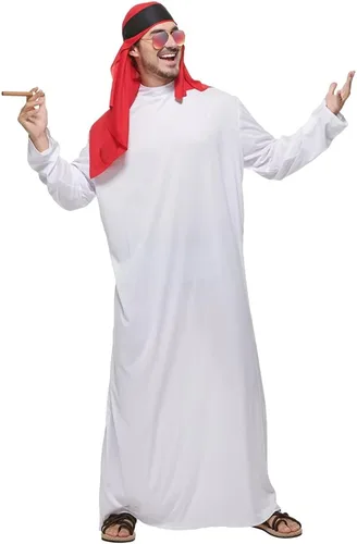 Vista 3 de FantastCostumes Disfraz árabe para hombre, bata blanca de sultán, disfraz de cosplay de Halloween
