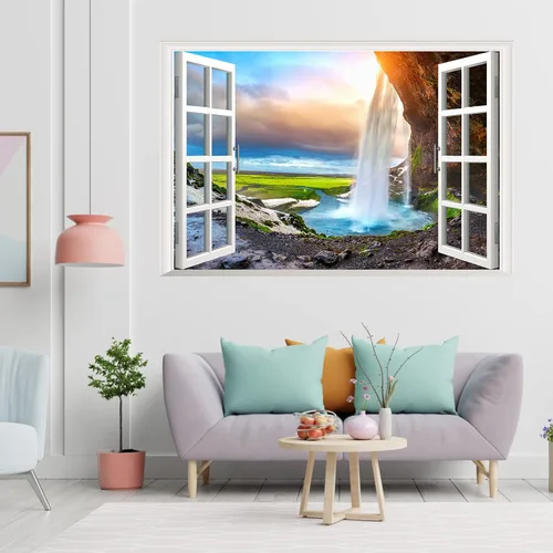 Vista 2 de Calcomanías de pared falsas 3D de cascada de bosque, mural de montaña natural, calcomanías de pared para sala de estar, dormitorio, comedor
