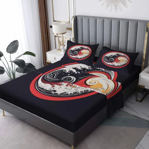Vista 11 de Yin Yang - Juego de sábanas tamaño individual, sábanas japonesas, microfibra suave y bolsillo profundo, sábanas y fundas de almohada estampadas sin