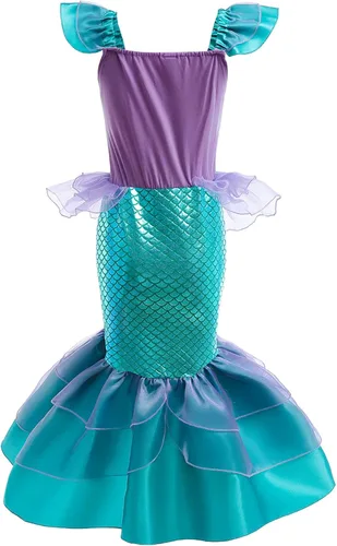 Vista 2 de Disfraz de sirena para niñas con corona morada, guantes de joyería, disfraz de princesa de Halloween