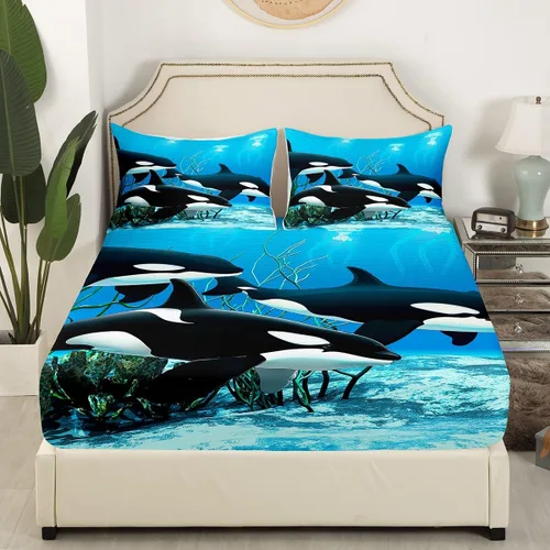 Vista 3 de Erosebridal Juego de ropa de cama de orca asesina Orcinus Orcas, sábana bajera ajustable de medusas del mundo submarino para niños y niñas, animales
