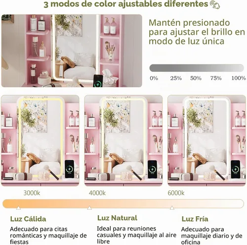 Vista 6 de HUANLEGO Pequeño escritorio rosa con espejo y luces para mujeres y niñas