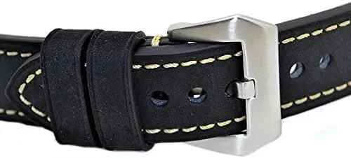 Vista 2 de Correa de reloj de pulsera de cuero genuino negro de 0.866in con hebilla de acero inoxidable para hombre