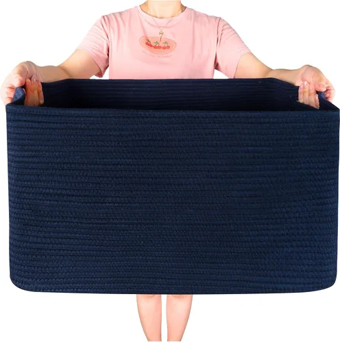 Vista 8 de MINTWOOD Design Canasta de Manta Extra Grande de 22 Pulgadas para Sala de Estar, Canasta de Almacenamiento de Cuerda Tejida Rectangular con Asas