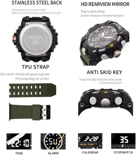 Vista 4 de KXAITO Relojes deportivos para hombre, impermeables, militares, con fecha, tácticas, LED, alarma facial, cronómetro, 8055, 8055 Verde Oscuro, Militar