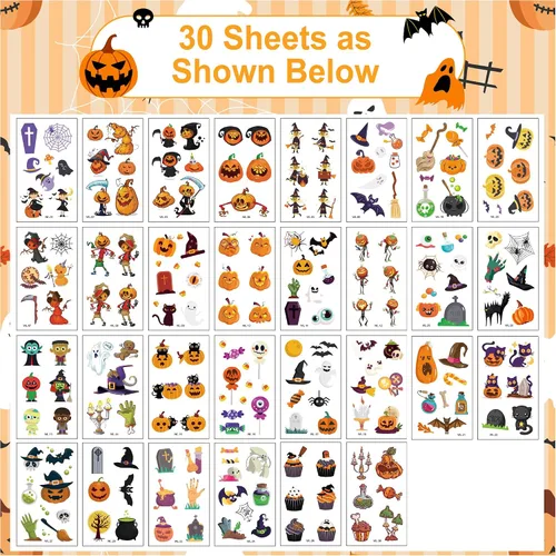 Vista 2 de 298 piezas de decoraciones de Halloween, recuerdos de fiesta, tatuajes temporales para niños, Halloween, surtido de trucos o tratos, calcomanías