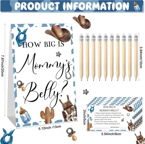 Vista 69 de Sabary 64 Piezas Juegos de Baby Shower Incluyen Letrero How Big is Mommy's Belly Sign Measure Bump Game 50 Tarjetas 10 Lápices 3 Cintas Métricas