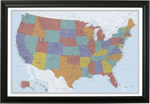 Vista 53 de Push Pin Travel Maps Lienzo personalizado Blue Oceans USA con marco gris de madera de granero