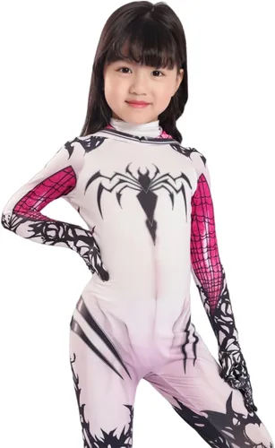 Vista 4 de LG LOUIS GARDEN Disfraz de araña para niños, estilo 3D, traje de araña blanca, overol con máscara para fiesta de Halloween, cosplay, traje para niñas