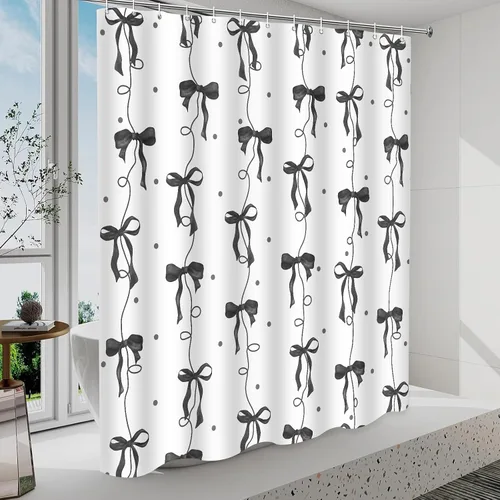 Vista 7 de Cortina de ducha con lazo negro, bonita cortina de ducha coqueta estética para adolescentes y niñas, decoración de tela impermeable con 12 ganchos