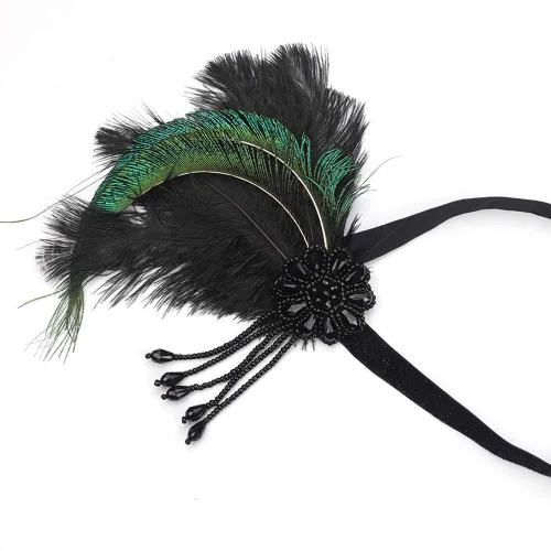 Vista 4 de Diadema de plumas para novia de los años 20 con borlas de flores de cristal y borlas de plumas negras, joyería para el cabello para mujeres y niñas