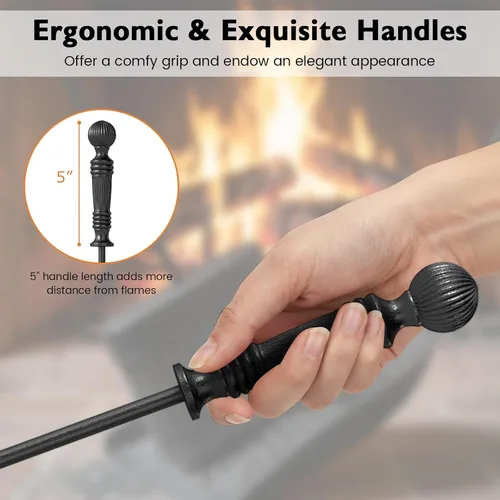 Vista 6 de IRONMAX Juego de herramientas para chimenea de 5 piezas, herramientas de hierro de 26 pulgadas con soporte, póquer, pinzas, cepillo y pala