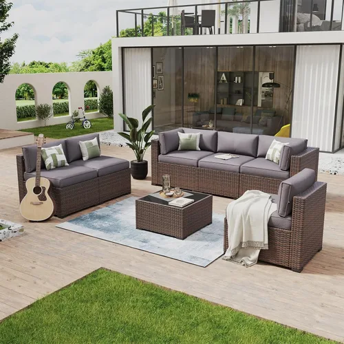 Vista 39 de Aoxun - Juego de 7 piezas de muebles de patio de mimbre de ratán, conjunto de sofá modular para conversación de patio con mesa de café y cojines
