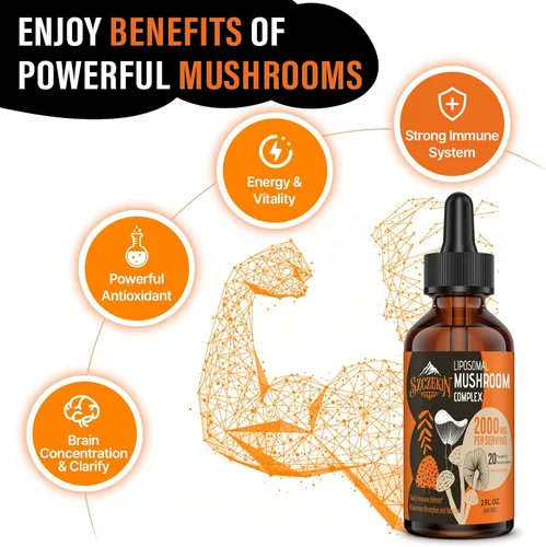 Vista 5 de Gotas de Complejo de Hongos Liposomal 2000 MG - 20 Extractos de Hongos Orgánicos - Fórmula Líquida Avanzada para la Inmunidad, Cognitiva y Memoria