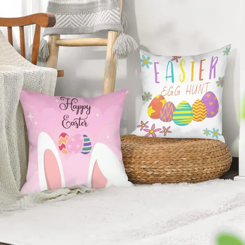 Vista 6 de Jbralid Juego de 4 fundas de almohada de Pascua con dibujos animados, huevos de conejo de Pascua, fundas decorativas de algodón para sala de estar
