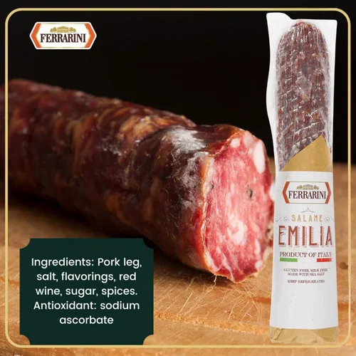 Vista 2 de Ferrarini, Salami italiano, Emilia, curado en seco, marca italiana de primera calidad. Salami italiano hecho en Italia. Sin leche, sin OMG.