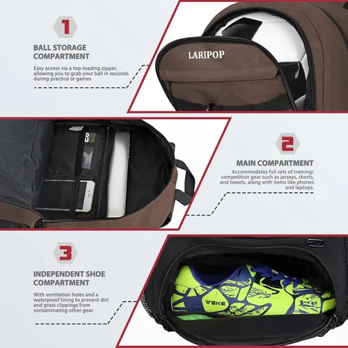 Vista 3 de LARIPOP Mochila de Fútbol, Bolsa de Fútbol con Soporte para Balón y Compartimento para Zapatos, Bolsas de Entrenamiento para Equipos Deportivos