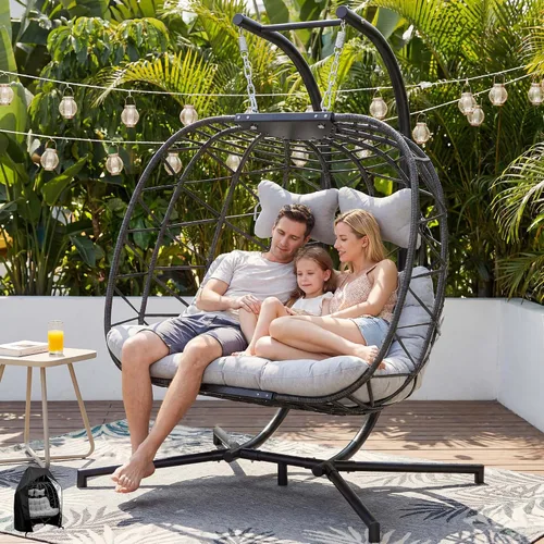 Vista 11 de NICESOUL Cómoda y cómoda silla de mimbre para exteriores con soporte, sillas plegables para patio con cojín, hamaca resistente de 350 libras