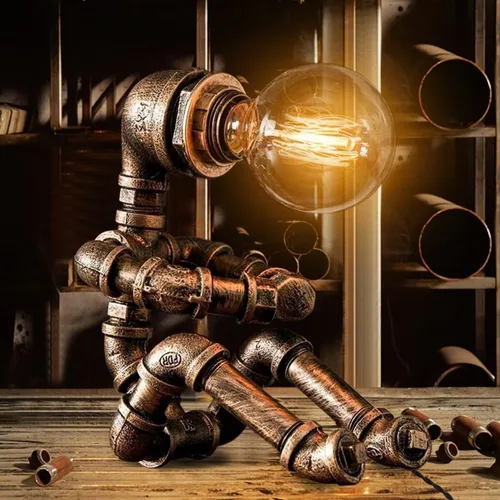 Vista 7 de Lámpara de mesa Steampunk, lámpara de mesa de robot industrial vintage, lámpara de mesa de tubería de agua, luz de escritorio estilo robot
