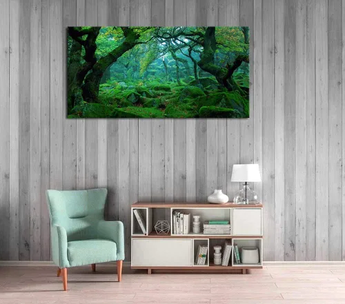 Vista 6 de Lienzo de bosque verde para pared, decoración de sala de estar, árboles grandes, imagen de naturaleza, lienzo moderno y grande, arte de madera