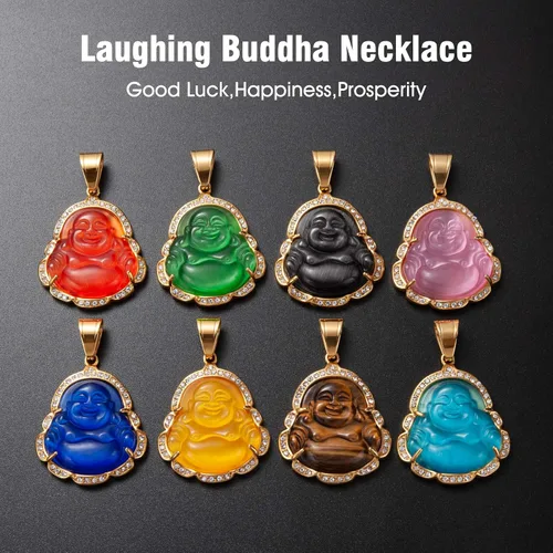 Vista 4 de WESTMIAJW Lucky Laughing Buda colgante cadena collares amuleto joyería para hombres, mujeres y niños, 23.6in, Piedra