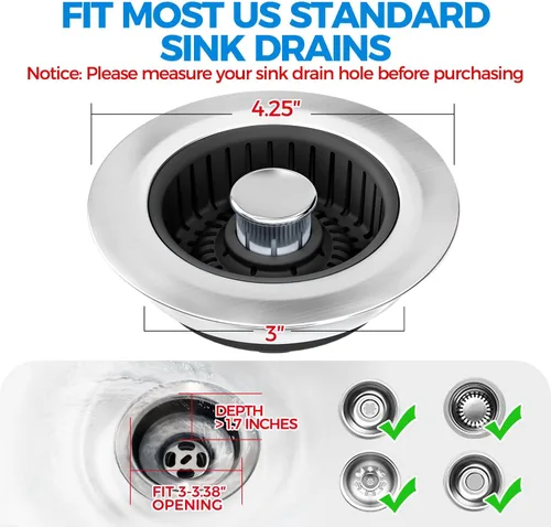 Vista 6 de zaa Colador de drenaje para fregadero, tapón 3 en 1 para fregadero de cocina, tapón de drenaje de cocina de acero inoxidable y cubierta con colador