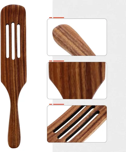 Vista 8 de Espátula de madera para cocinar, espátula ranurada de madera de acacia de 12.2 pulgadas con mango largo, espátula de cocina antiadherente para freír