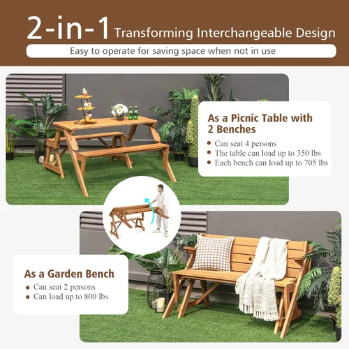 Vista 2 de GYMAX Mesa de picnic, juego de mesa de picnic convertible 2 en 1, mesa de picnic de madera intercambiable transformable con agujero para paraguas