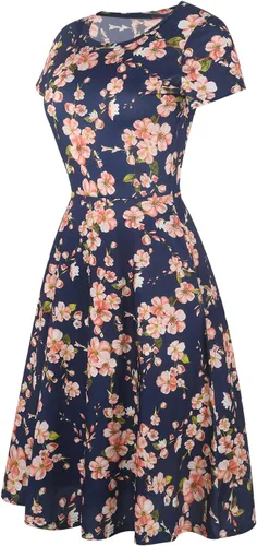 Vista 5 de HELYO - Vestido elegante para mujer, diseño informal acampanado estilo vintage de los años 50, con estampado floral y bolsillos, largo hasta