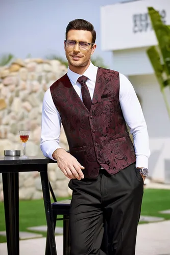Vista 5 de COOFANDY Conjunto de chaleco de cachemira para hombre 3 piezas chaleco formal chaleco de esmoquin con bolsillo cuadrado