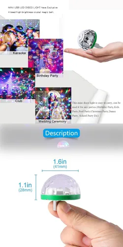 Vista 4 de Luces USB para fiesta, mini bola de discoteca, pequeña bola mágica, control de sonido, luz de escenario de DJ, lámpara estroboscópica RGB colorida