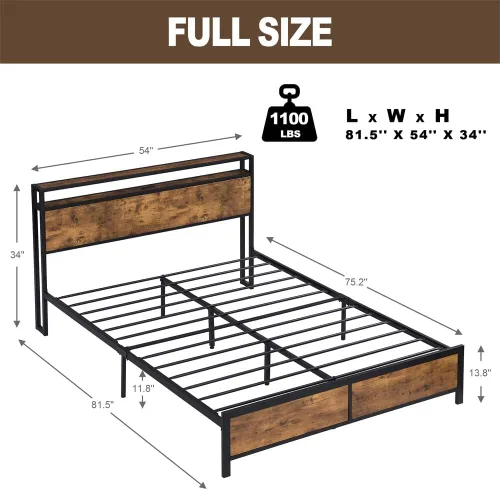 Vista 2 de Base de cama de plataforma de metal de tamaño matrimonial con cabecero y estribo de madera con luces USB y LED, no necesita somier, gran