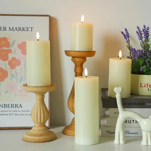 Vista 8 de Lezonic Velas LED de color marfil sin llama con temporizador remoto, paquete de 4 velas parpadeantes, diseño de grasa, pilar de cera real