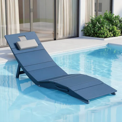 Vista 10 de Juego de 4 sillas de piscina para exteriores, resistentes a la intemperie, sillas de bronceado plegables con reposacabezas, soporta hasta 400 Azul