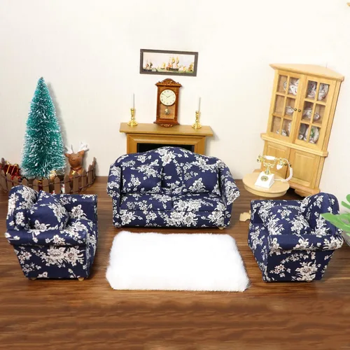 Vista 6 de Sofá de casa de muñecas, sofá en miniatura con almohadas, casa de muñecas, sala de estar, funiture a escala 1:12, modelo 3 piezas, sillón tapizado